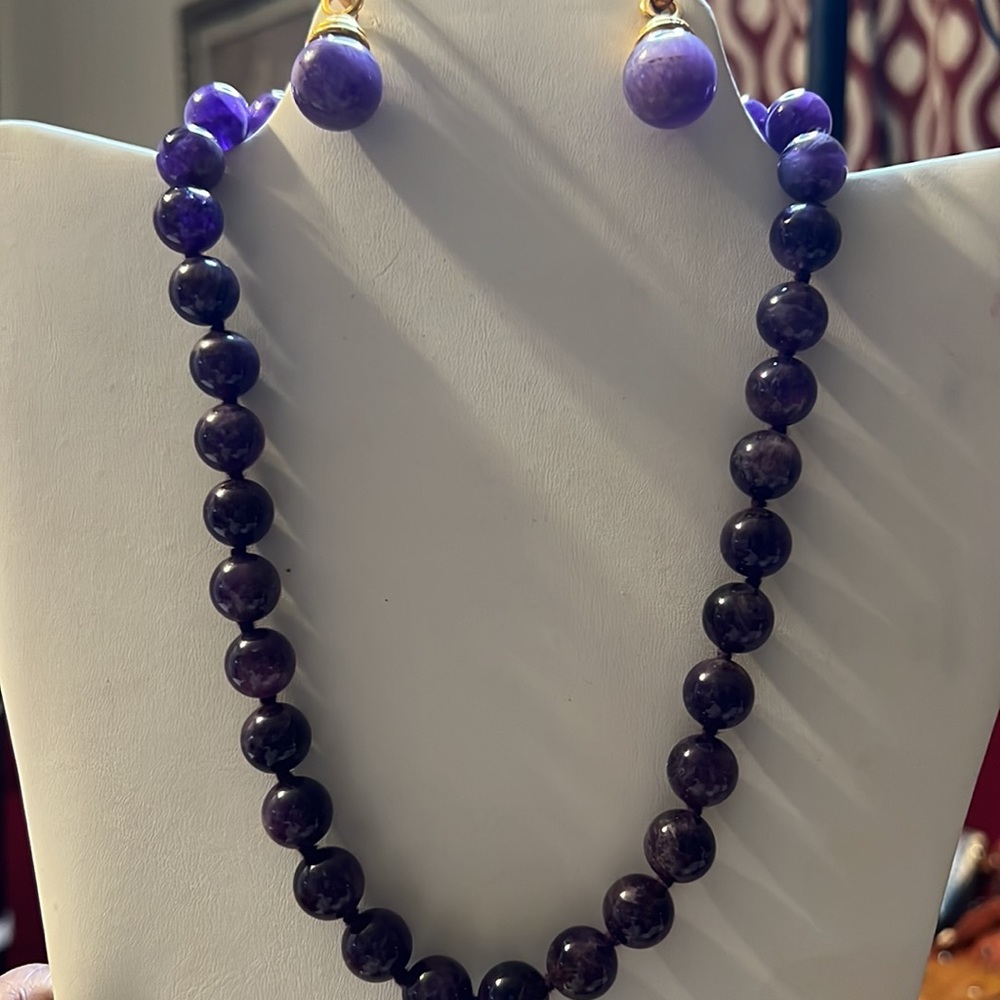 Purple Pearl Necklace with Gold Clasp and Gold Pierced Earrings with Purple Drop